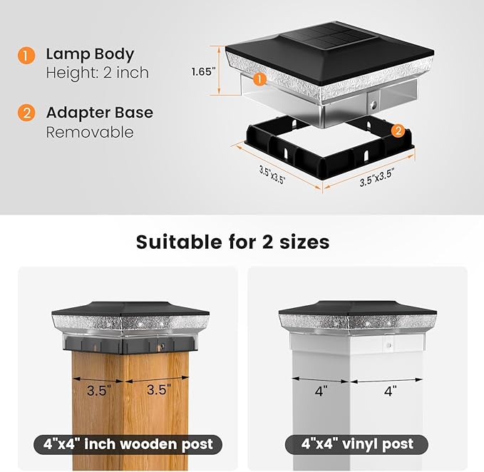 VOLISUN Solar Post Cap Lights 4x4 Solar Deck Post Lights Outdoor IP64 Waterproof Deck Post Lights Solar Powered (6 Pack Black)