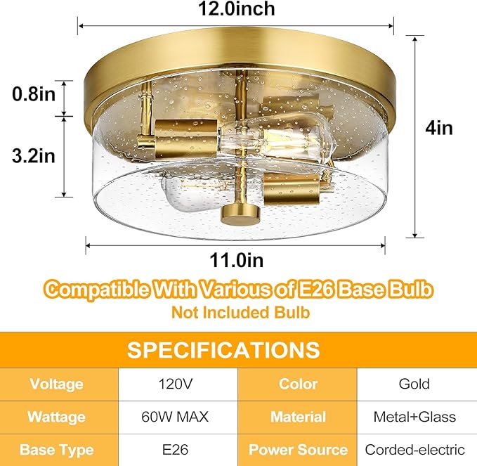 Flush Mount Ceiling Light Fixtures 2-Light Gold Ceiling Mount for Farmhouse with Seeded Glass Lampshade Industrial Flush Mount Light Fixture Farmhouse for Hallway Kitchen Entryway and Foyer