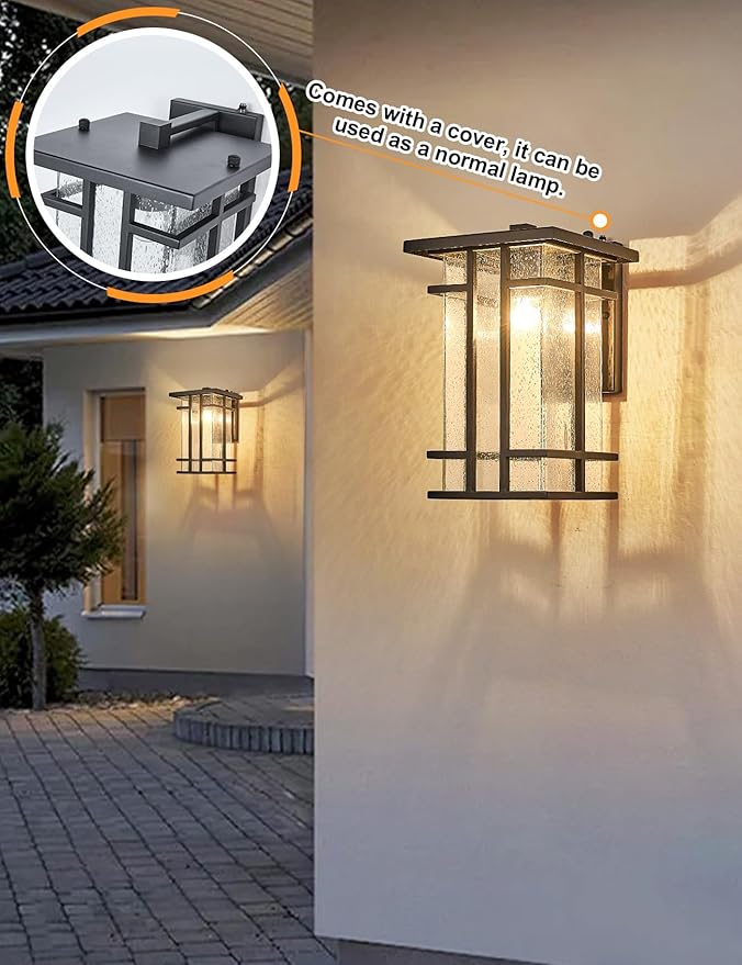 Rustic Dusk to Dawn Outdoor Wall Light Fixture 13.8H Waterproof Exterior Wall Sconces Black Metal with Seeded Glass Sensor Outdoor Wall Lantern for House Patio PorchEntrywayGarage Wall Lamps