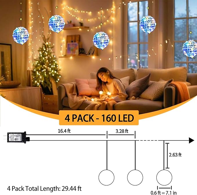 160LED Christmas Globe Lights – 8 Modes Indoor/Outdoor Ball Lights Decoration Waterproof Christmas Decor for Frontdoor Tree Garden Yard Patio (Multicolor 4pc)