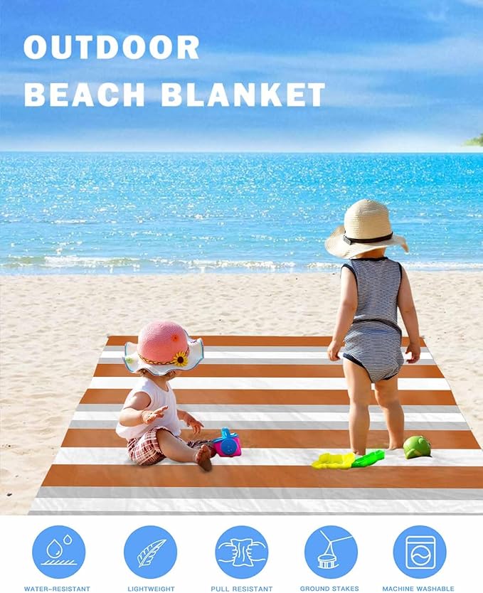 Beach Blanket Waterproof Sandproof OversizedModern Minimalist Orange Gray Stripe Beach Mat with Corner Stakes Sand PocketsAbstract Color Block Outdoor Picnic Mat for Travel Camping Hiking95x80In