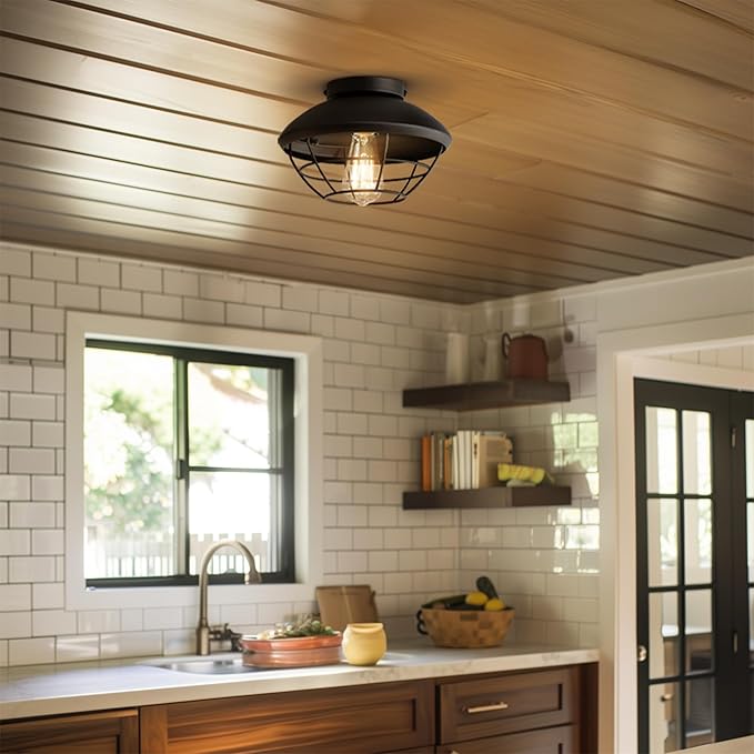 Globe Electric 60000120 1-Light Outdoor Flush Mount Ceiling Light Matte Black Finish Metal Cage Shade Weather Resistant Industrial Outdoor Ceiling Light E26 Base
