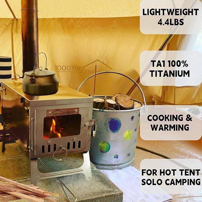 DANCHEL OUTDOOR Backpacking Hot Tent w/Stove Jack Portable Tipi Tent with T6 Titanium Folding Wood Stove for 1-4 Person Winter Camping Hunting3m/4m