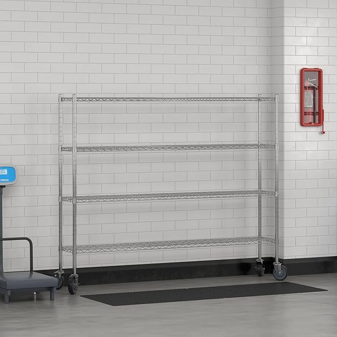 Commercial NSF Listed Chrome Mobile Wire Shelving Kit 12 x 72 x 60 with 4 Shelves Perfect for Warehouse Walk-in Refrigerator Freezer Grocery Store Restaurant Dishroom
