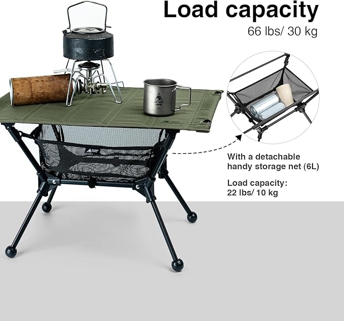 ONETIGRIS Dipper Camping Table Lightweight Portable Folding Table with Mesh Storage Net High/Low Options Ideal for Camping Hiking Tailgating Beach Picnic Travel Backyard