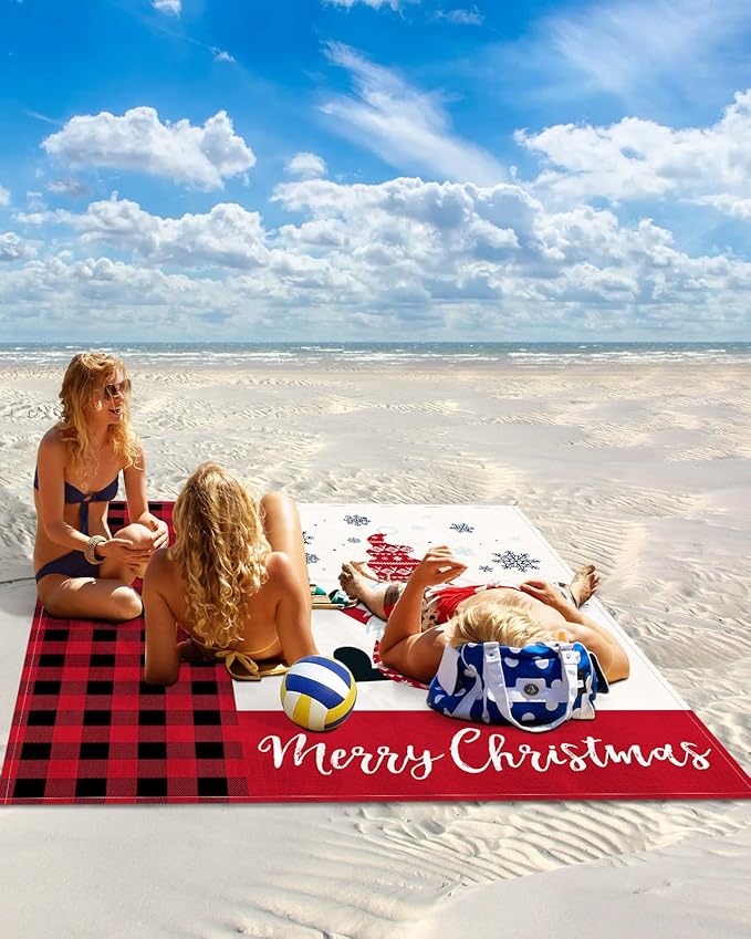 Beach Blanket Waterproof Sandproof OversizedCartoon Christmas Gnome Snowflakes Beach Mat with Corner Stakes Sand PocketsRed and Black Plaid Outdoor Picnic Mat for Travel Camping Hiking 95x80In
