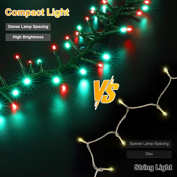 LAMPHOME 500 LED String Lights Outdoor - 16 Modes 46ft with Waterproof Green Red &amp Red-Green Cluster Lights