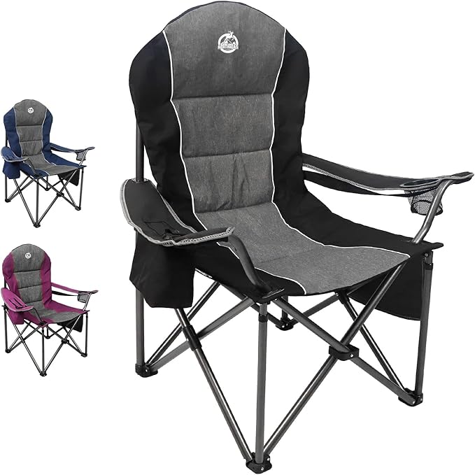 Northroad Oversized Portable Camping Chair Full Padded Outdoor Folding Chair Support 350 LBS Heavy Duty Lawn Chair with Cup Holder Cooler Bag Lumbar Support Head Pocket for Adult-Black