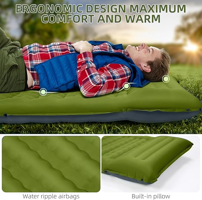 Camping Sleeping Pad Extra Thick 5 Inch Camping Mat with Pillow Built-in Foot Pump Inflatable Sleeping Pads Compact for Camping Backpacking Hiking Traveling Tent（Military Yellow）