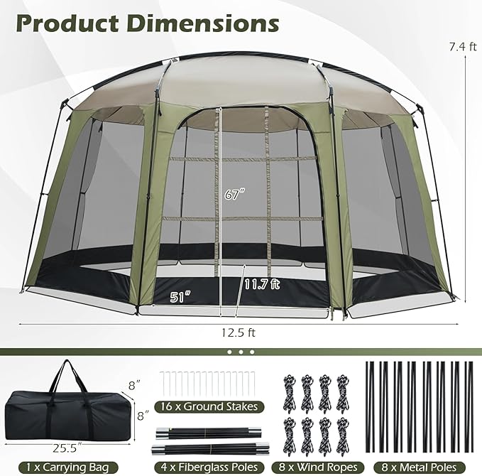 Goplus 12.5 FT X 11.7 FT Mesh Screen Tent 6-8 Person Netted Canopy Tent with Zippered Door &amp Carrying Bag Easy Setup Outdoor Sun Shelter Gazebo for Camping Picnic Backyard