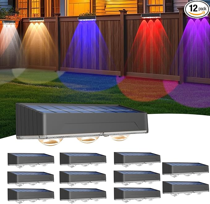 RGB Solar Fence Light 10 Colors Outdoor Lighting Set 2 Modes Solar Powered LED Lights IP65 Waterproof Solar Wall Lights Screw Wall Mount Step Light Auto On Off Dusk to Dawn Deck Light
