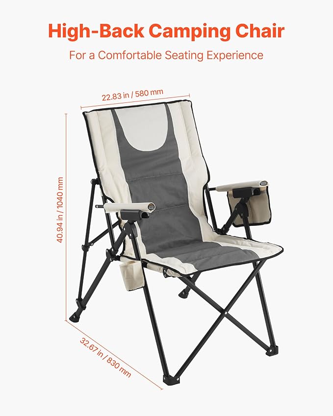 VEVOR Folding Camping Chair 3 Reclining Positions Outdoor High Back Camping Chair 260lbs Weight Capacity Full Padded Beach Chairs with Armrest &amp Headrest Portable Lawn Chairs for Sports Trave