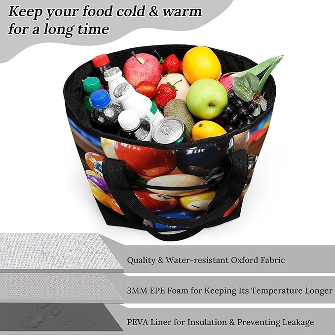 Insulated Shopping BagLarge Reusable Cooler Bags Color Billiards Printed Foldable Shopping BagTravel Waterproof Shoulder Bag