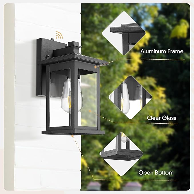 Emliviar 2 Pack Dusk to Dawn Outside Wall Mount Lighting 11.8 inch Exterior Light Fixture with Clear Glass Black Finish 1803EW1-PC-2PK BK