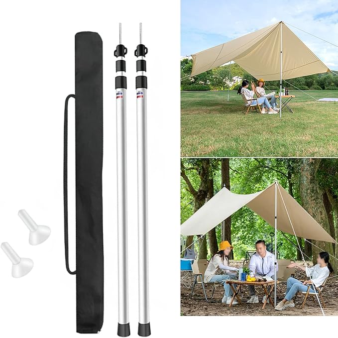 Set of 2 Waterproof Cloth Rod 230CM Telescopic Aluminium Tent Tarp Poles Portable Beach Shelter Tarp Awning Pole Adjustable Telescoping with Rubber Cap for Camping