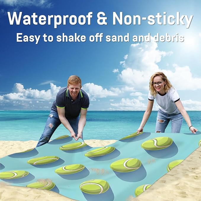 Waterproof Sandproof Beach Blanket 59''×68'' Tennis Polyester Outdoor Picnic Blanket with 4 Stakes &amp Storage Bag for BeachCampingVacation Green