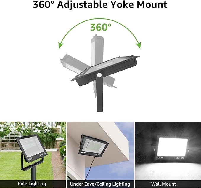 Lepro 150W Outdoor LED Flood Lights 5000K 10000 Lumens Super Bright for Yard Garden Driveway Pool Parking Area Playground Outside Floodlight Fixture (watts 150)