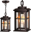 Bronze Hanging Porch Light Modern Outdoor Pendant Lights for Porch Waterproof Outdoor Hanging Lights with Tempered Glass Aluminum Hanging Exterior Light for Patio House Adjustable Chain