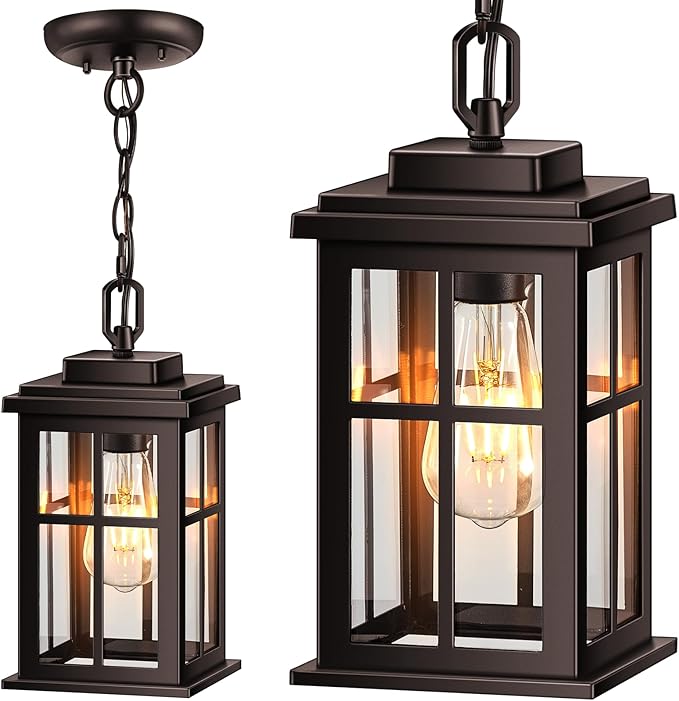 Bronze Hanging Porch Light Modern Outdoor Pendant Lights for Porch Waterproof Outdoor Hanging Lights with Tempered Glass Aluminum Hanging Exterior Light for Patio House Adjustable Chain