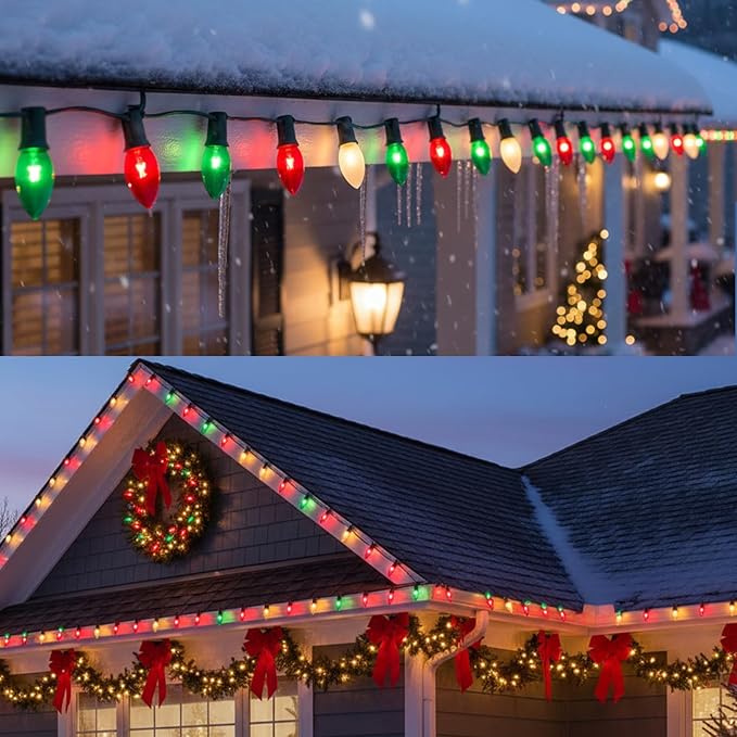 25FT C9 Christmas Lights OutdoorRed White Green Christmas Lights with 26 Bulbs(1 Spare)C9/ E17 BaseVintage Colored String Light for Garden Yard Party Xmas Tree Decorations