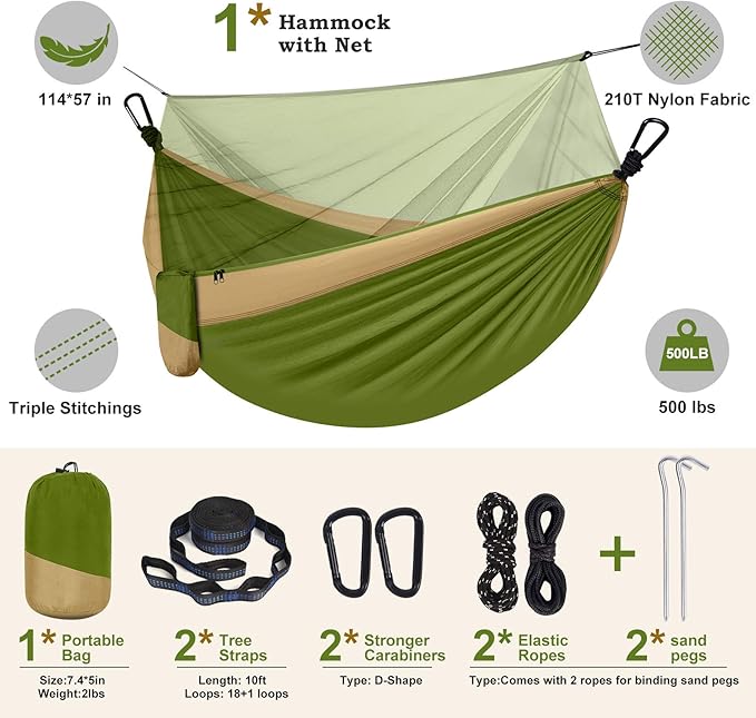 Camping Hammock with NetPortable Lightweight Double Hammocks with Tree Straps and Solid D-Shape CarabinersParachute Nylon Hammock for Backpacking Beach Backyard Patio Hiking Green&ampKhaki