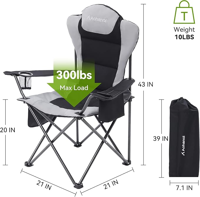 2 Pack Camp Chairs for Heavy People Outdoor Folding Camping Chairs with Cup Holder &amp Cooler Bag for Outside Supports up to 300lbs (2 Pcs Black)