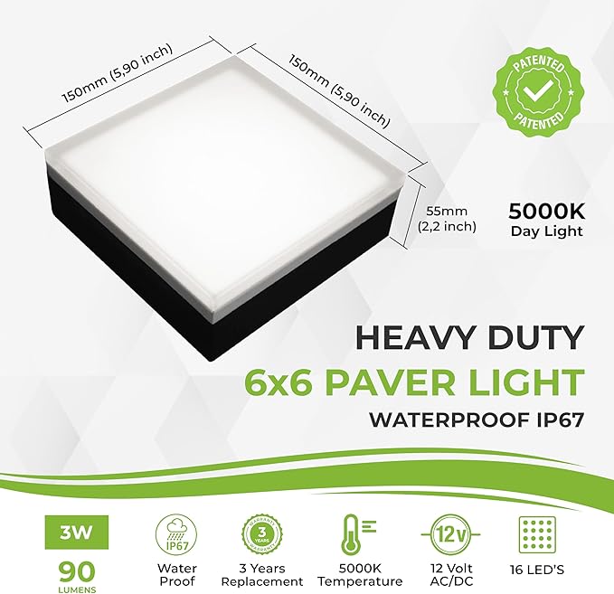 LUMENGY Paver Light 6x6 Inch (5.9x5.9) 5000K Daylight Glare-Free Brick Lighting for Driveways Walkways Pool Decks and Patios 12V Hardwired IP67 Waterproof Drive-Over Rated