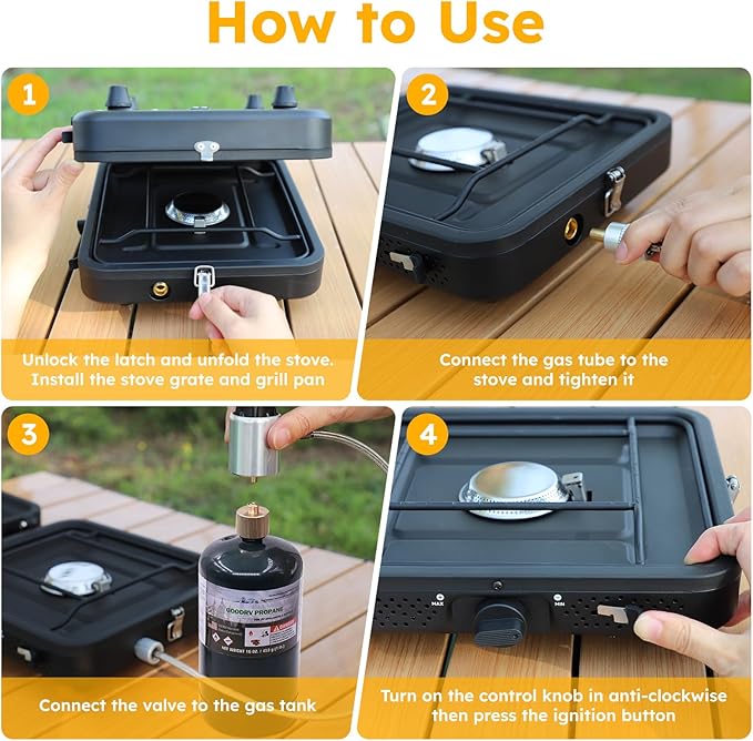 2 Burner Propane Camping Stove 17200 BTU Adjustable Burners Foldable Propane Camp Stove with Grill &amp Windscreen Double Burner Portable Folding Gas Stove with Carry Bag for Outdoor Camping BBQ