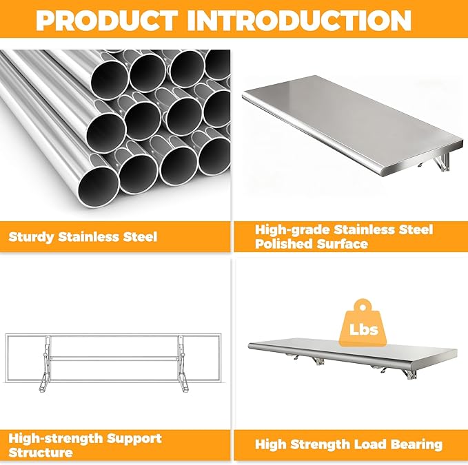 48x12 Inch Folding Concession Shelf Stainless Steel Food Shelf Stand Serving for Concession Serving Window Food Truck Kitchen Counter
