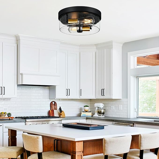 Flush Mount Ceiling Light Fixtures 2-Light Black and Gold Ceiling Mount for Farmhouse with Seeded Glass Lampshade Industrial Flush Mount Light Fixture for Hallway Kitchen Entryway and Foyer
