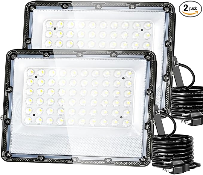 100W Flood Lights Outdoor 15000lm Bright LED Work Light with Plug 5000K Daylight White Outdoor Lights IP65 Waterproof Security Lights for Yard Garage Stadium Playground 2 Pack AC100-120V Voltage