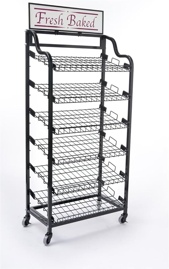 Displays2go Metal Wire Rack Storage Unit with Tilting Shelves Two Types of Sign Holders Locking Wheels and Fresh Baked Header 64 Inch Black (BAKCRT6NBK)