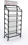 Displays2go Metal Wire Rack Storage Unit with Tilting Shelves Two Types of Sign Holders Locking Wheels and Fresh Baked Header 64 Inch Black (BAKCRT6NBK)