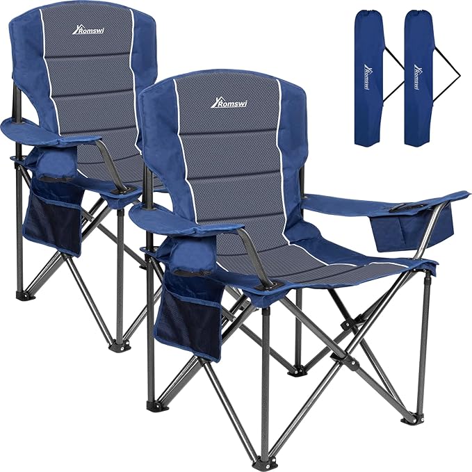 Romswi Oversized Camping ChairsHeavy Duty Support 500 LBSPadded Back &amp Arm Sport Chairs Cup Holder Cooler Bag Collapsible Folding Chairs for Outdoor Fishing &amp Garden Blue2-Pack