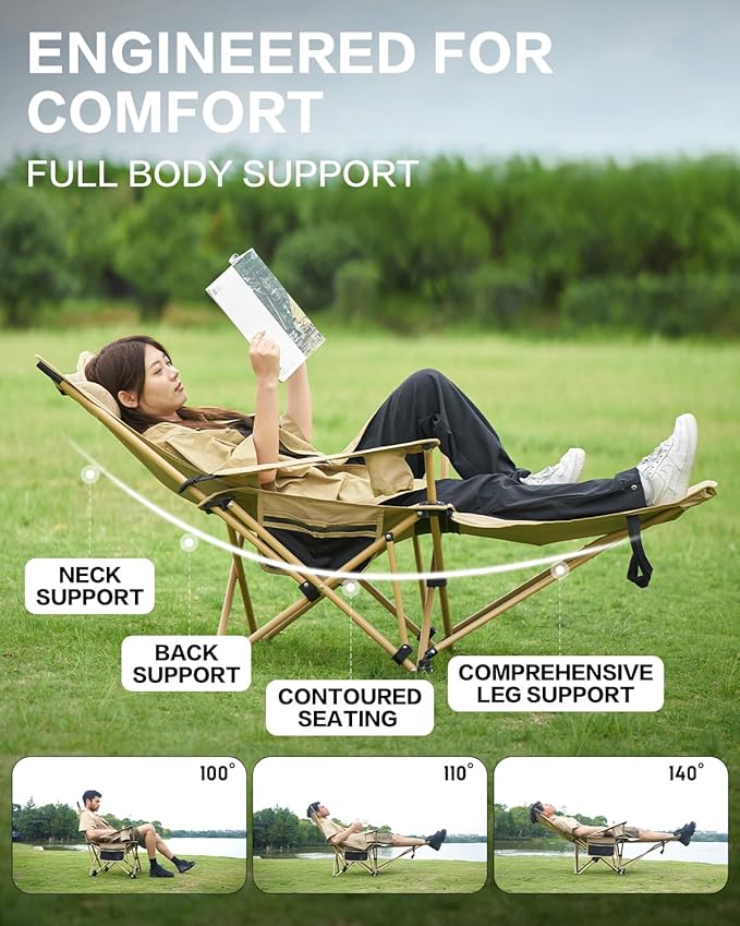 MOBI GARDEN Reclining Camping Chair with Foot Rest 4-Position Adjustable Folding Lounge Chair for Adults Portable &amp Detachable Footrest – Sand - Solid Back