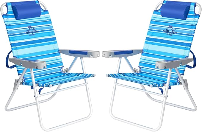 SUNNYFEEL 17 Tall Oversized Beach Chairs 2 Pack for Adults Heavy Duty 500 LBS 5 Position Portable High Folding Camping Chair with Cup Holder for Outdoor/Lawn/Trip Foldable Sand Chairs for Adults