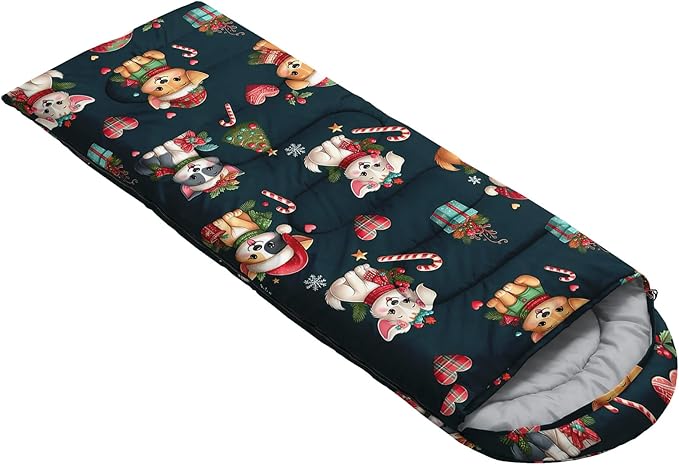 HOSIMA Kids Cute Dog Sleeping BagDifferent Pet Dogs Pattern Cold Weather Gear for CampingAnimal Themed with Christmas Tree Print Waterproof Sleeping Bags for Outdoors Hiking.