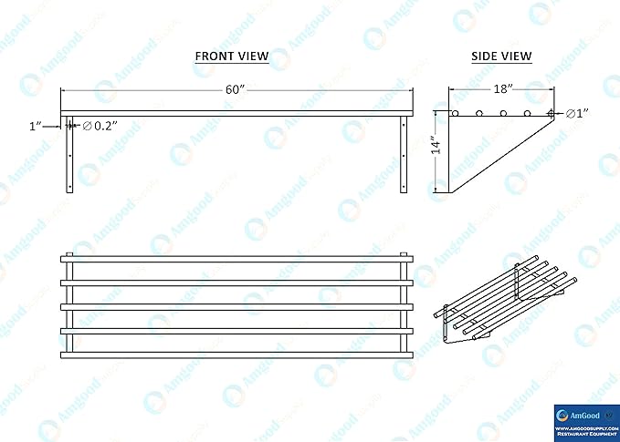 AmGood 18 in. x 60 in. NSF Stainless Steel Tubular Wall Shelf | Heavy-Duty Metal Shelving for Appliances &amp Equipment | Ideal for Kitchen Restaurant Garage Laundry Utility Room