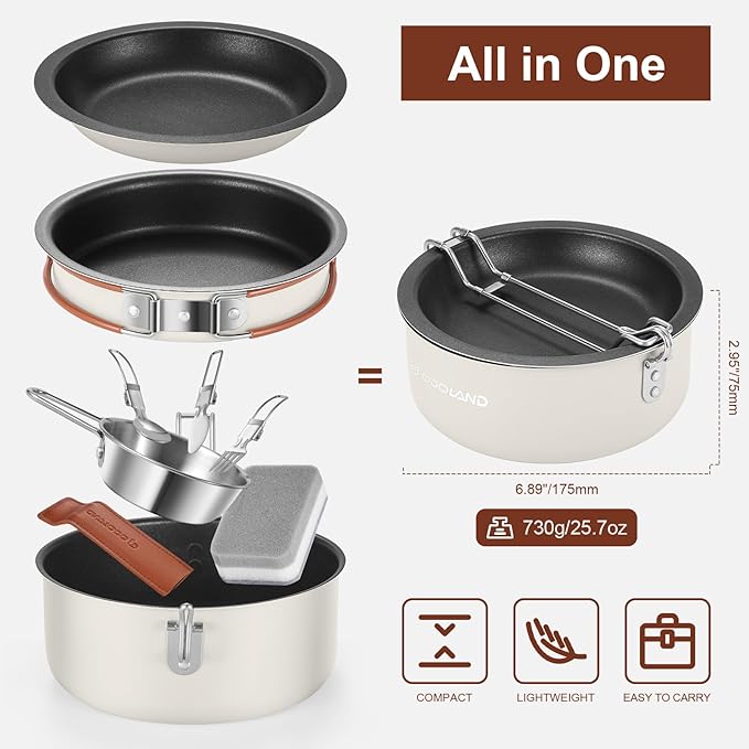 Odoland 10pcs Camping Cookware Non-Stick Camping Pot and Pan Set with Plate Bowl Fork Knife Spoon for Backpacking Hiking Outdoor Cooking and Picnic