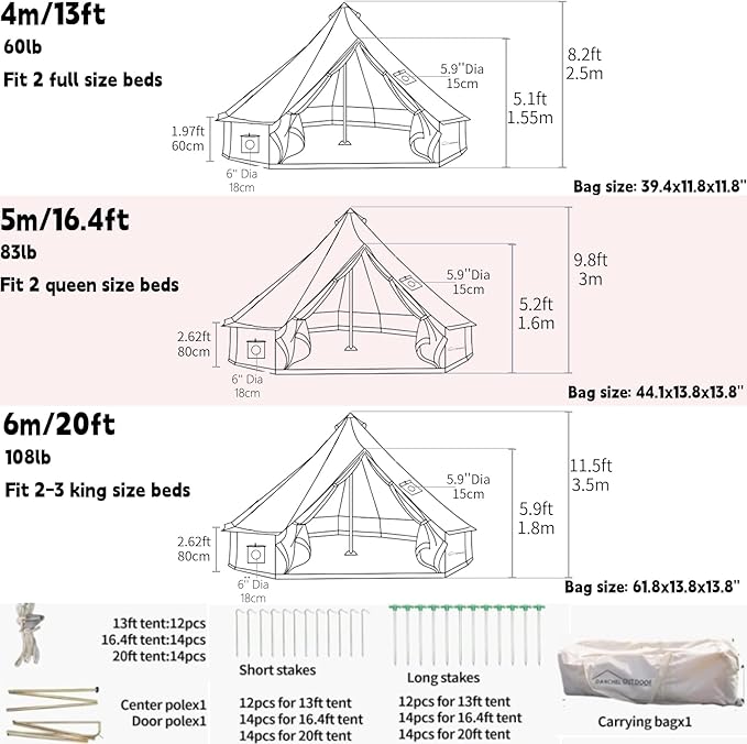 DANCHEL OUTDOOR 4 Season Canvas Yurt Tent with Large Wood Stove Heavy Duty Bell Tent with Stove Jack 4-8 Person Winter Camping Glamping 13ft/16.4ft/20ft