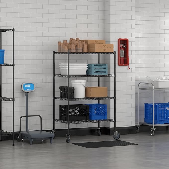 Commercial NSF Listed Black Epoxy Mobile Wire Shelving Kit 24 x 36 x 60 with 4 Shelves Perfect for Warehouse Walk-in Refrigerator Freezer Grocery Store Restaurant Dishroom