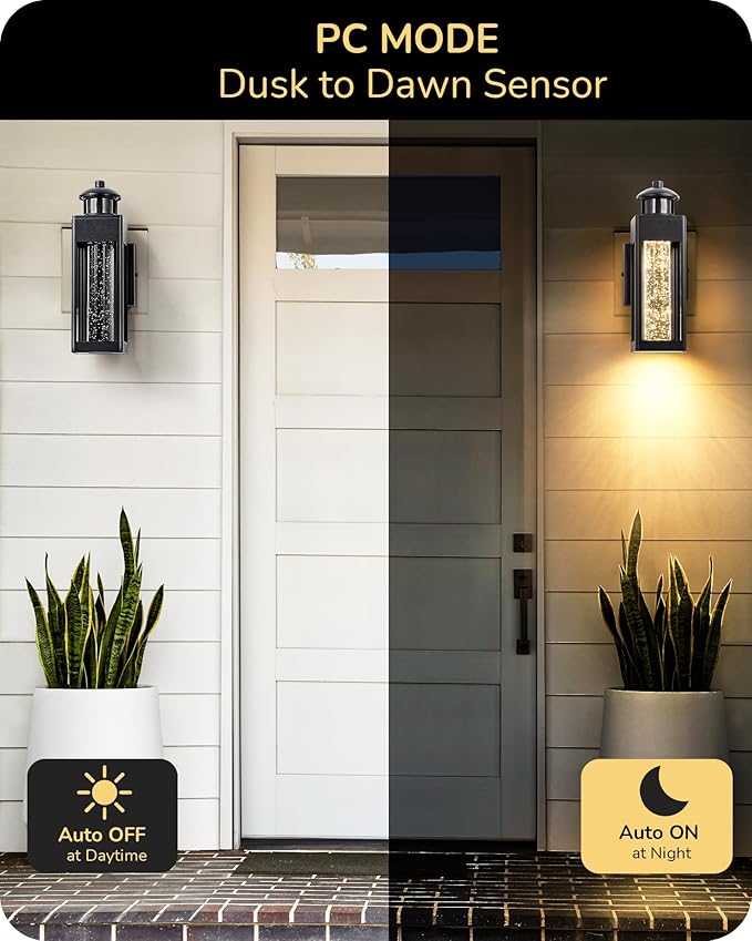 EDISHINE Motion Sensor Porch Lights Outdoor Dusk to Dawn Exterior Lighting Fixtures with Crystal Bubble Glass LED Outside Wall Sconce Lantern for Garage 1100 Lumen