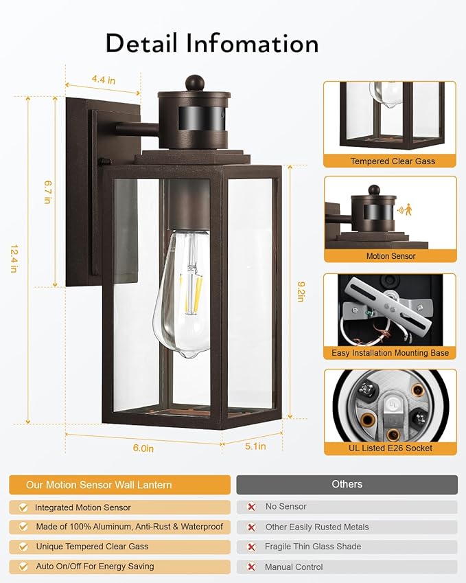 VIANIS Oil Rubbed Bronze Motion Sensor Porch Lights Outdoor Farmhouse Outdoor Garage Lighting Fixtures Wall Mount for House 100% Aluminum Waterproof Outdoor Sconce Lights for Front Door Coach
