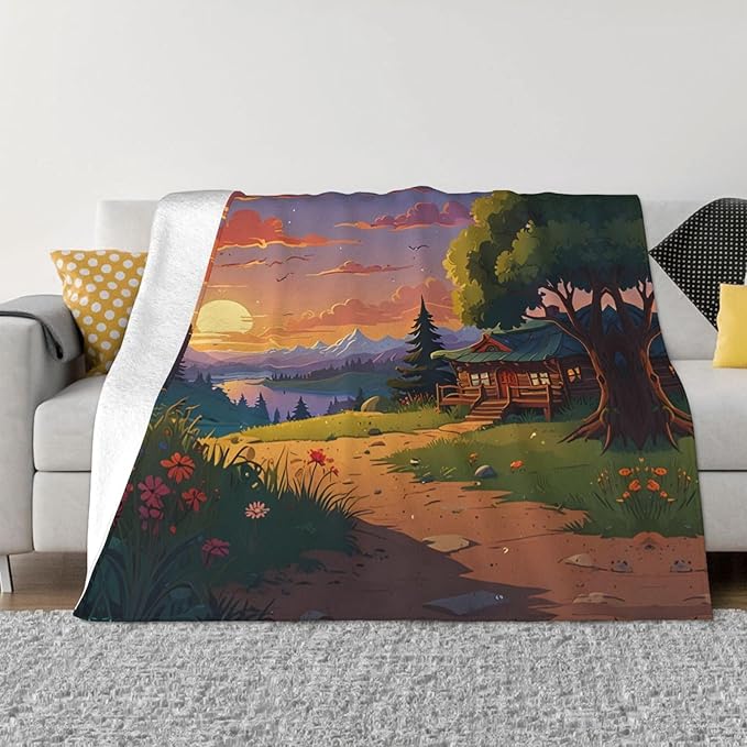 Sunset 50x40 Printed Soft Fleece Blanket for Sofa Bed and Camping - Cozy Blanket for Travel Picnics Nighttime Use