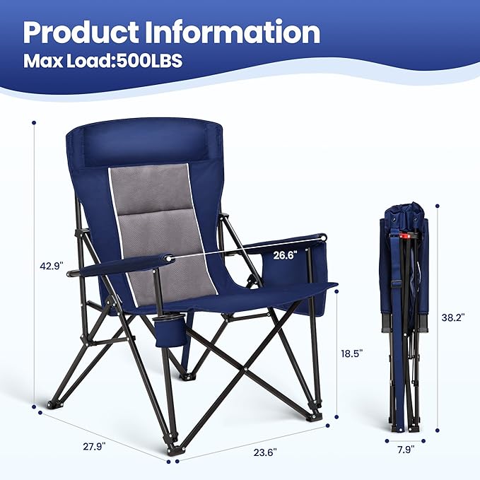 HIGH POINT SPORTS Oversized Camping Chairs for Adults High Back Heavy Duty Lawn Folding Chair Support 500LBS Padded Portable Outdoor Chair with Cup Holder Blue