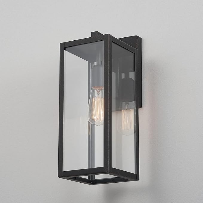 Globe Electric 44837 1-Light Outdoor Indoor Wall Sconce Brushed Dark Bronze Clear Glass Shade Back Porch Lights Front Patio Garage Fixture Exterior Lighting for House