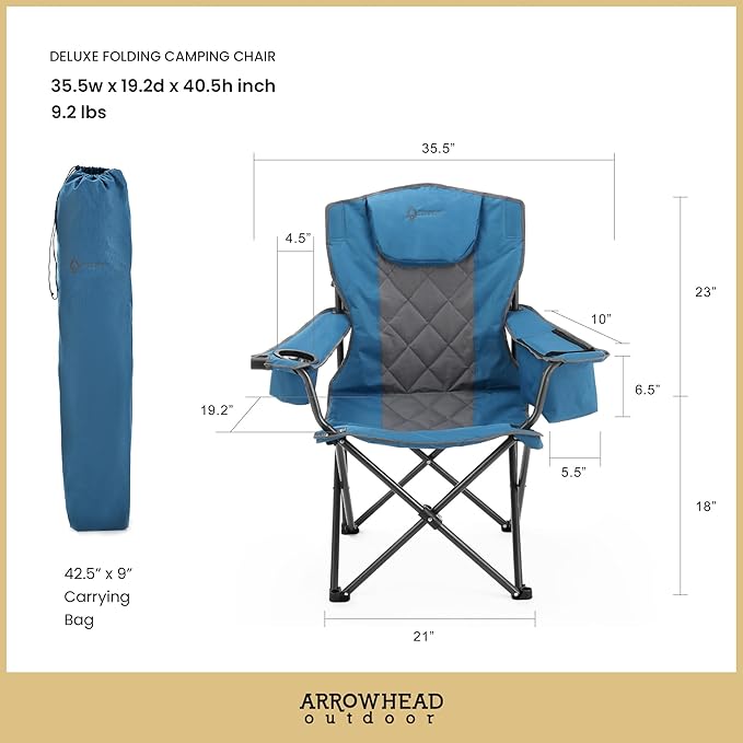 ARROWHEAD OUTDOOR Deluxe Folding Camp Chair – 550lb Capacity Heavy-Duty Quad Chair with Integrated Cooler Headrest and Dual Cup Holders.