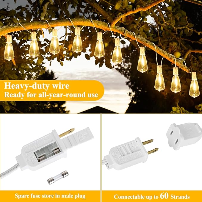 Brightever Outdoor String Light 25 FT ST38 Patio Lights with 13 Edison Bulbs Waterproof Connectable Hanging Lights for Backyard Porch Balcony Party Christmas Decor E12 Socket Base White