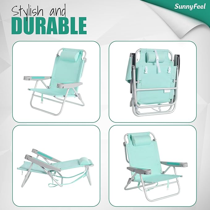 SUNNYFEEL Extra Wide Low Beach Chair 5 Position Lay Flat 500 LBS Heavy Duty XL Oversized Portable Folding Camping Chairs with Cup Holder for Outdoor/Trip Lightweight Backpack Beach Chair for Adults
