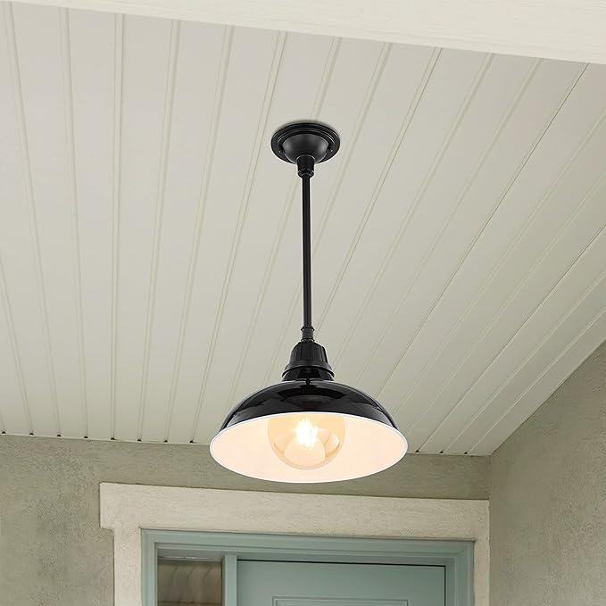 JONATHAN Y 12.25 Black 1-Light Farmhouse Indoor/Outdoor LED Pendant Iron Hanging Light and Black Metal Shade Rustic Ceiling Lamp for Kitchen Island LED Bulb Included (JYL7611B)